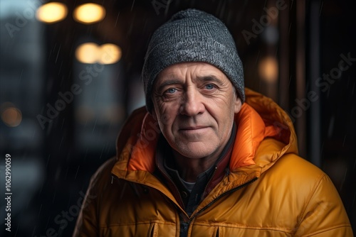 Portrait of an elderly man in a yellow jacket and a knitted hat.