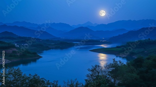 Xin'anjiang Scenic Area in Anhui Province, Xin'anjiang hills, mountains and rivers in southern Anhui, the moon shines brightly in the night sky, casting silver light on the mountains and rivers
 photo