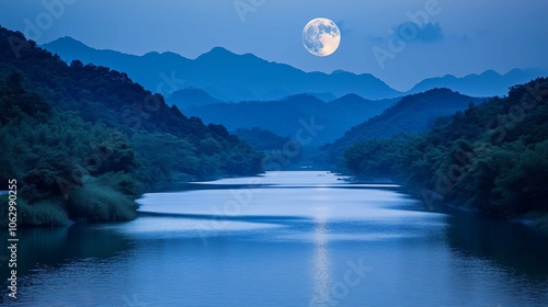 Xin'anjiang Scenic Area in Anhui Province, Xin'anjiang hills, mountains and rivers in southern Anhui, the moon shines brightly in the night sky, casting silver light on the mountains and rivers
 photo