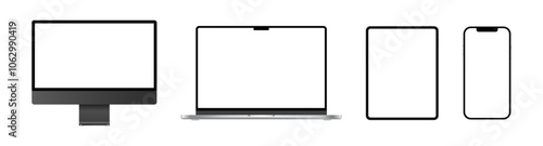 Apple iMac, Macbook Pro, iPad, and iPhone realistic desktop laptop tablet pc and smartphone mockup collection. Set of modern devices with blank screen vector illustration