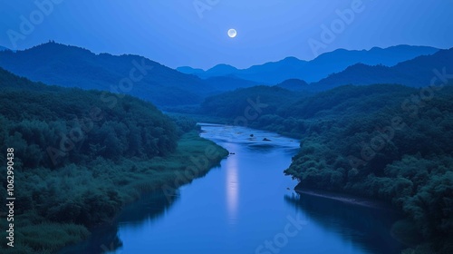 Xin'anjiang Scenic Area in Anhui Province, Xin'anjiang hills, mountains and rivers in southern Anhui, the moon shines brightly in the night sky, casting silver light on the mountains and rivers
 photo