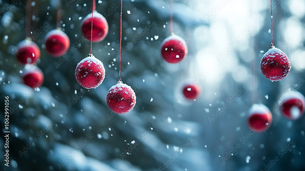 Red Christmas ornaments hanging from branches in a snowy winter forest setting Red Christmas ornaments hanging from branches in a snowy winter forest setting