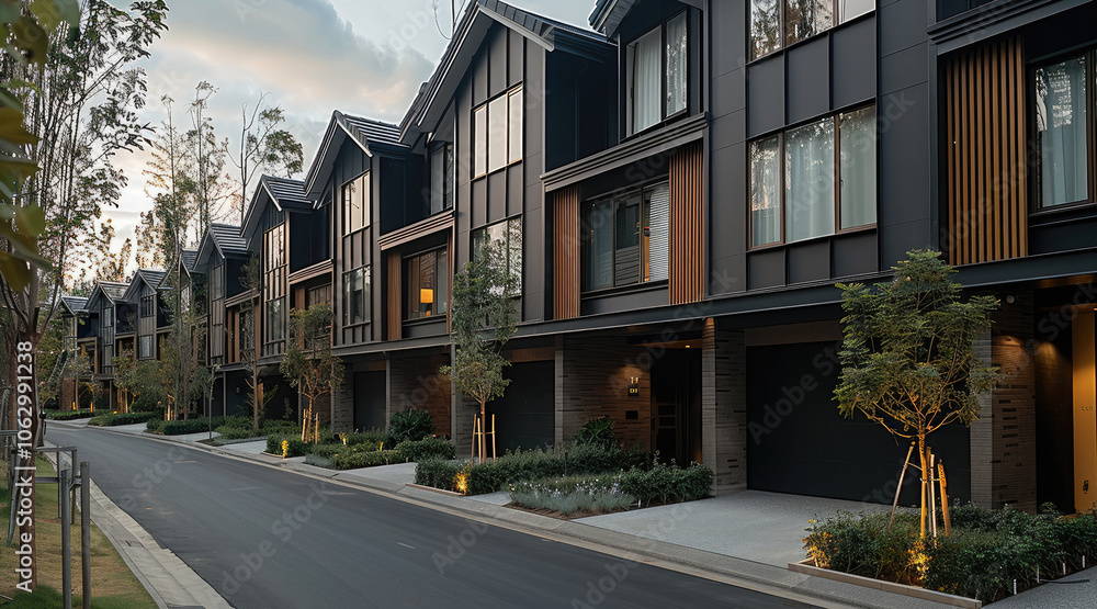 Single row of identical tall modern townhomes with garage on a private road. Single row of identical tall modern townhomes with garage on a private road.