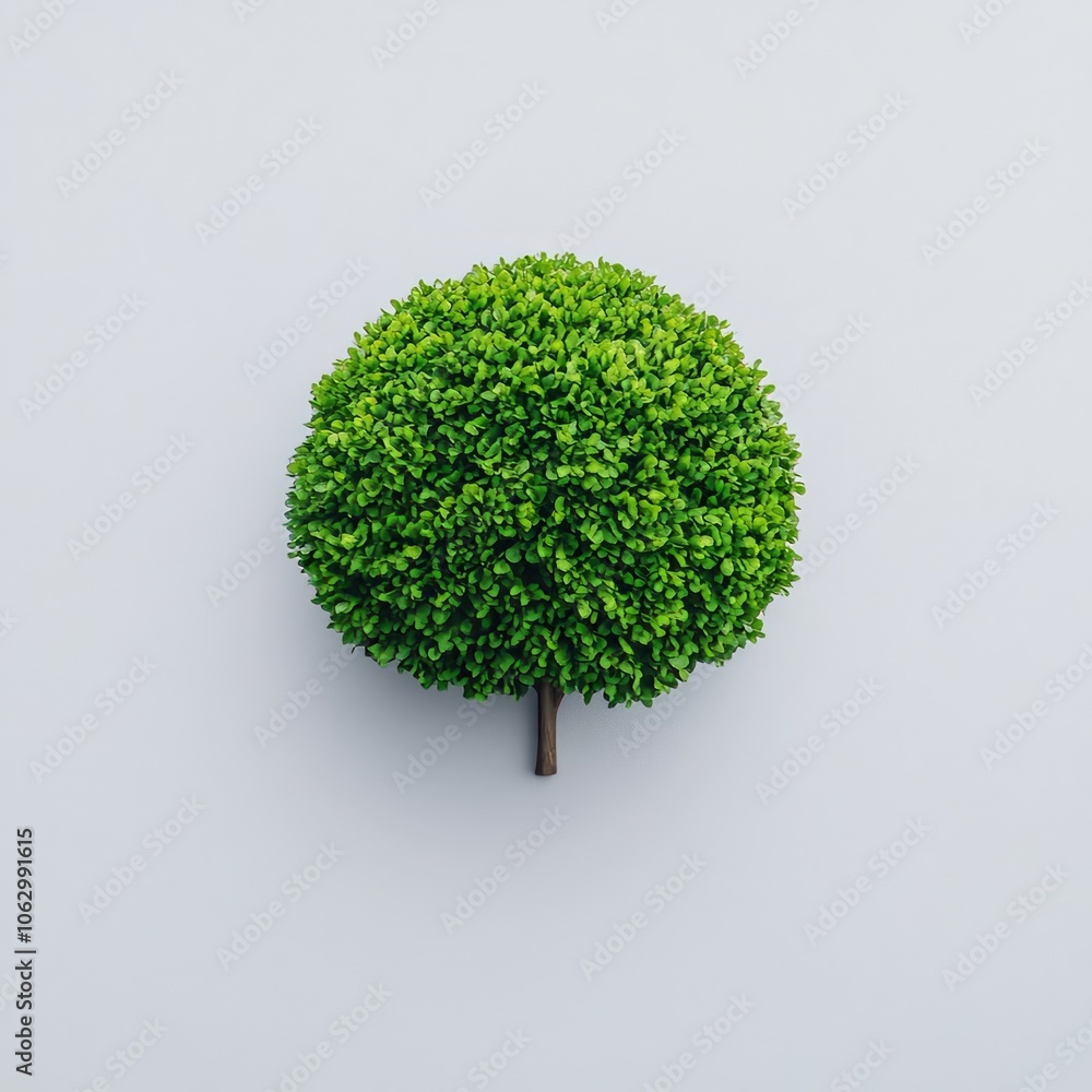 A small, round, artificial green tree on a plain background. A small, round, artificial green tree on a plain background.