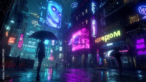 Anime-style cyberpunk city scene on a rainy night. Neon lights in blue and purple reflect off rain-soaked streets, and characters with umbrellas walk past high-tech billboards. A moody, futuristic vib