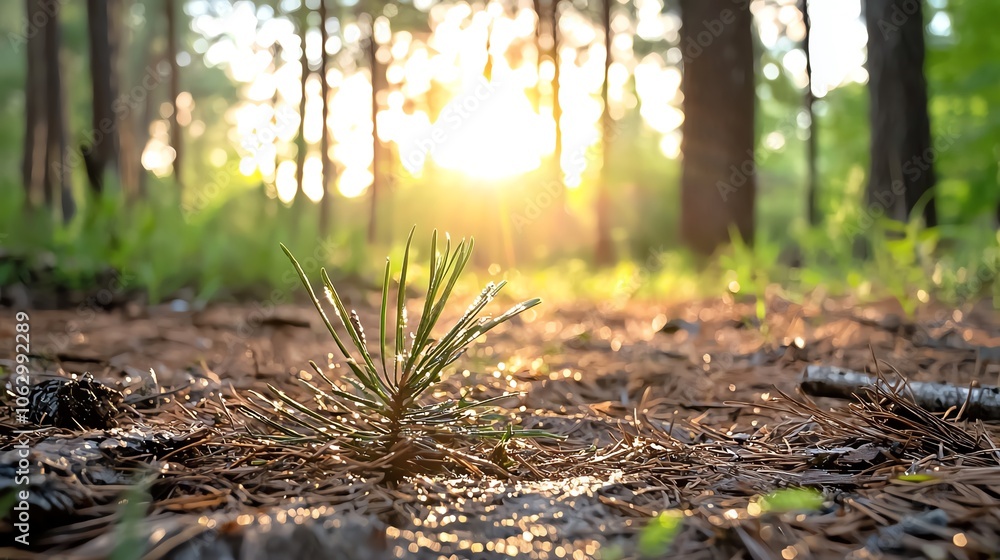 Fototapeta premium Tiny dew droplets on pine needles, highdefinition macro, sharp contrasts, blurred soft background, peaceful forest atmosphere
