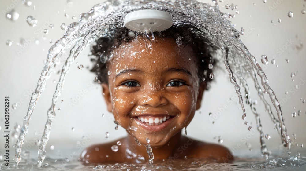 A smiling young African American child plays in a bath with water spraying over her head. A smiling young African American child plays in a bath with water spraying over her head.