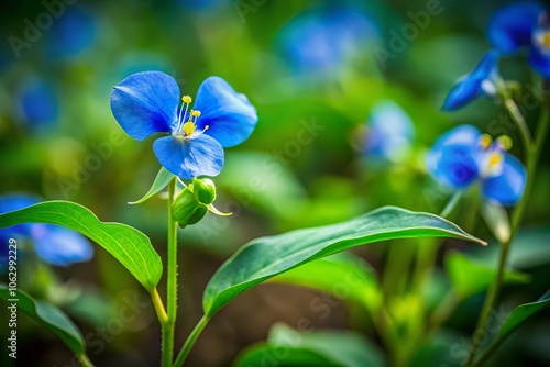 Captivating Tilt-Shift Photography of Asiatic Dayflower (Commelina benghalensis) in India, Showcasing Its Unique Blue Petals and Green Foliage in a Vibrant Wildflower Setting