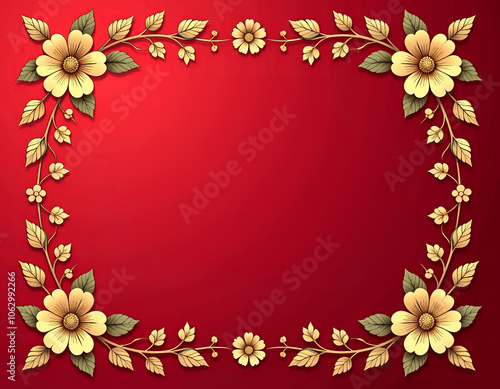 Elegant Golden Floral Frame on Deep Red Background with Copy Space
