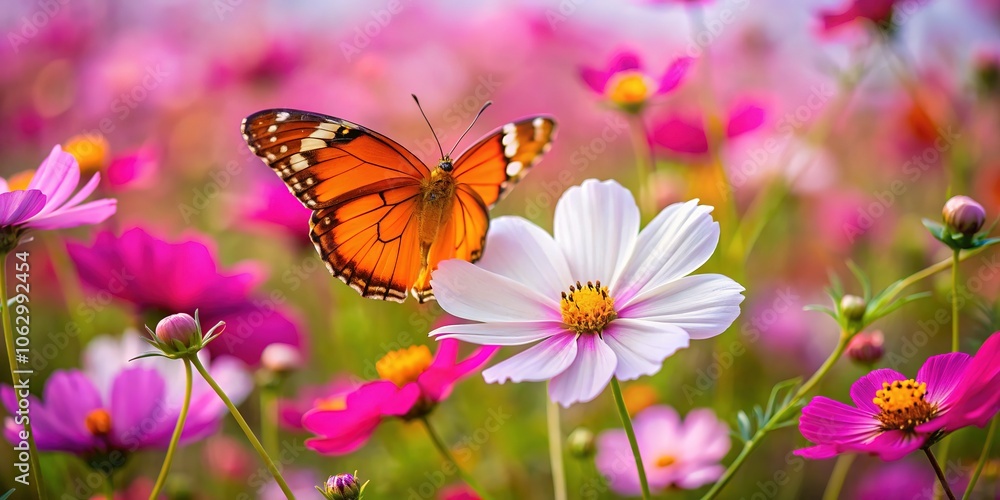 From above, an orange butterfly rests delicately on a sea of cosmos blooms. From above, an orange butterfly rests delicately on a sea of cosmos blooms.