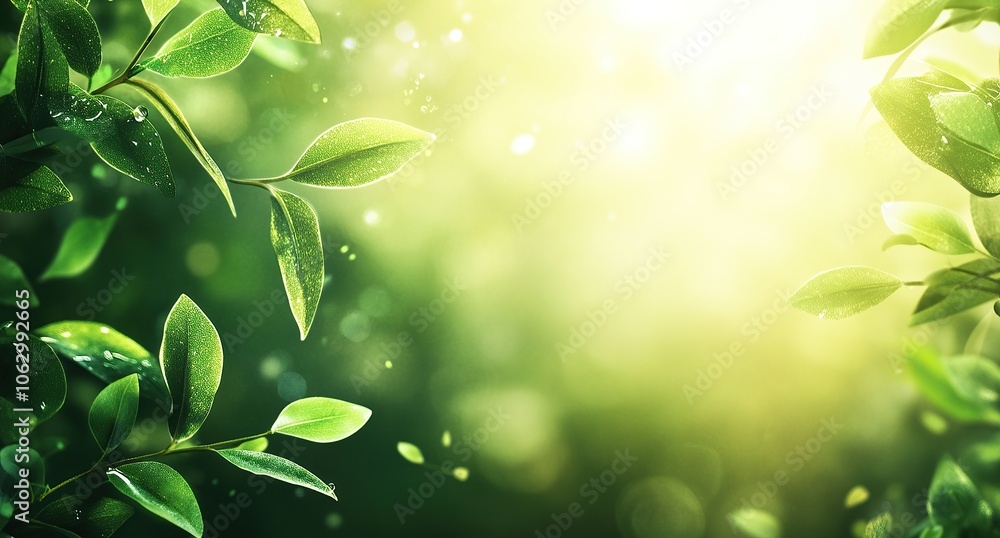 Lush green leaves with dew drops in a sunlit forest. Lush green leaves with dew drops in a sunlit forest.