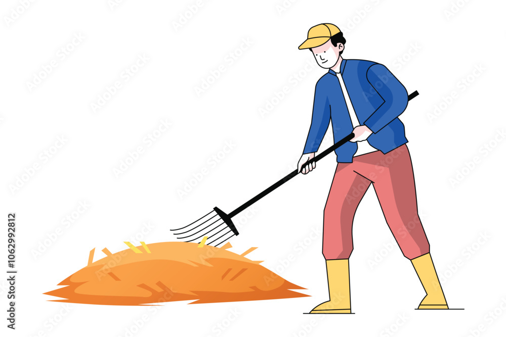 Fototapeta premium Man Collecting Straw with Pitch Fork Illustration