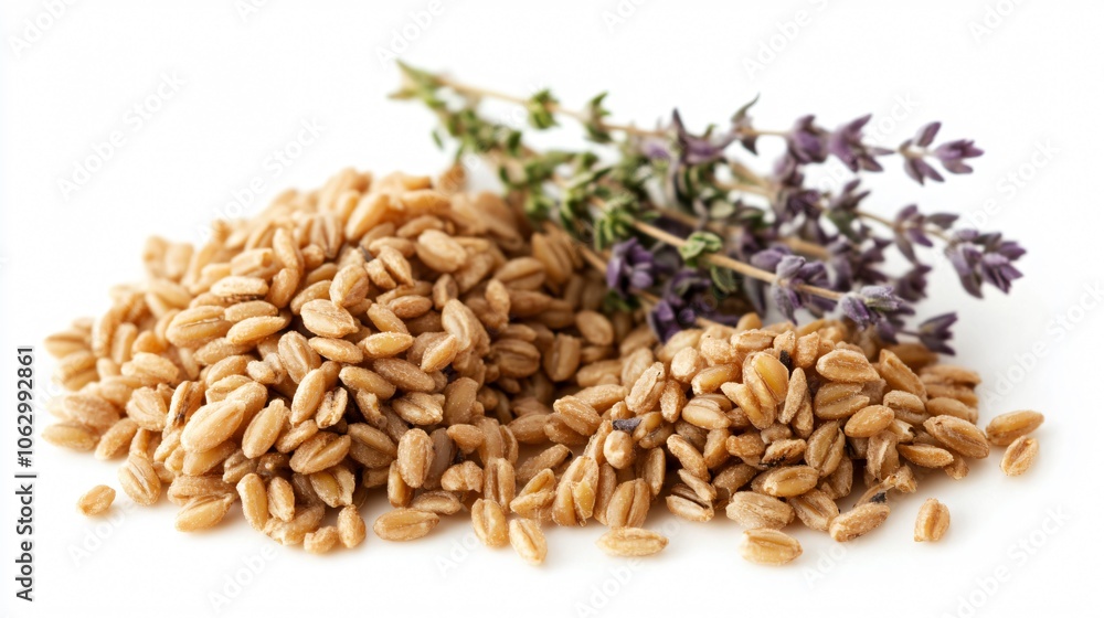 Organic Spelt Grain with Sprig of Thyme on White Background Organic Spelt Grain with Sprig of Thyme on White Background