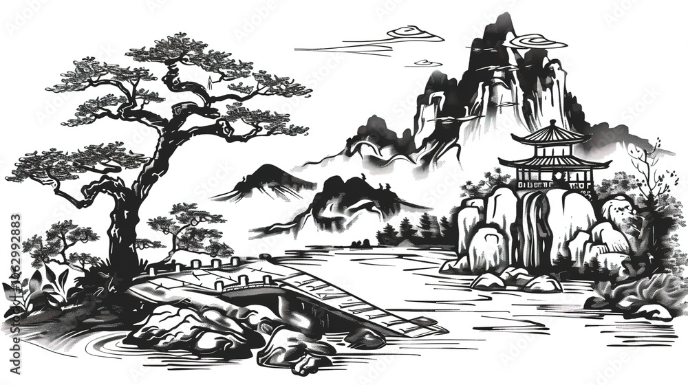 Obraz premium Majestic Misty Mountain Peaks in Traditional Chinese Ink Wash Landscape Painting Style