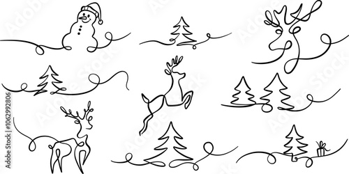 Abstract Christmas single line art flourishes , vector winter swirl decorative holiday clip art elements, isolated ink illustrations set