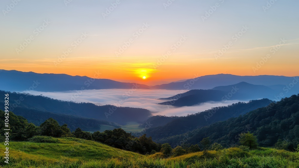 Fototapeta premium Mesmerizing sunrise illuminating a tranquil mountain valley, wrapped in serene stillness and breathtaking beauty.