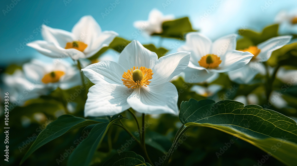Close-up of white flowers with yellow centers in sunlight against a clear blue sky in a garden setting. The background is softly blurred, creating a dreamy effect. Close-up of white flowers with yellow centers in sunlight against a clear blue sky in a garden setting. The background is softly blurred, creating a dreamy effect.