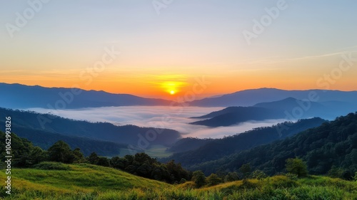 Mesmerizing sunrise illuminating a tranquil mountain valley, wrapped in serene stillness and breathtaking beauty.