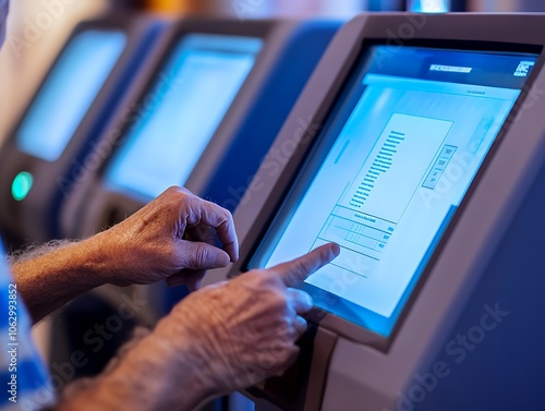 Senior man using touchscreen kiosk.
