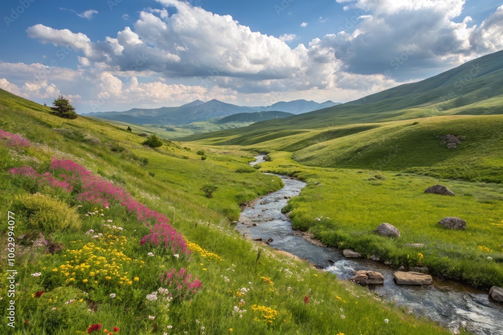 Fototapeta premium Soft Natural Light Illuminates a Vibrant Spring Landscape with Rolling Hills and Blooming Flowers