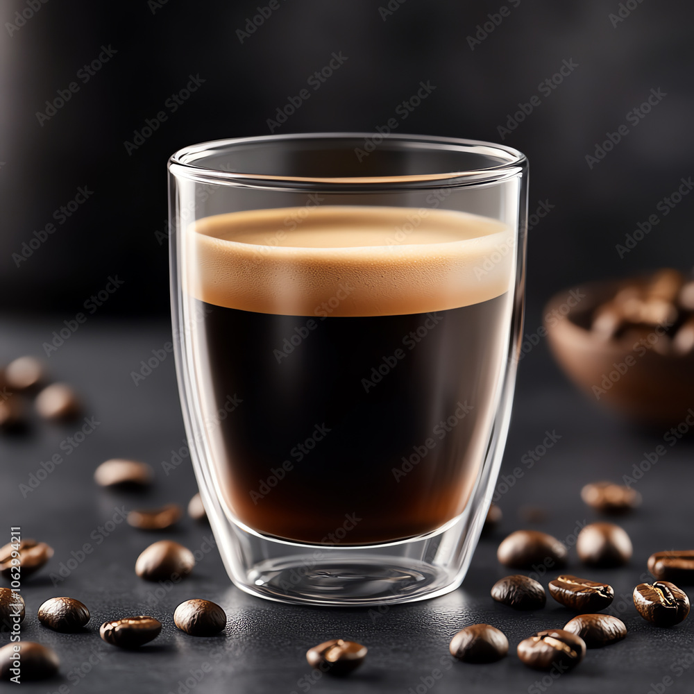 Freshly Brewed Espresso in Double-Walled Glass with Coffee Beans Freshly Brewed Espresso in Double-Walled Glass with Coffee Beans