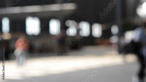 Wallpaper Mural Many different people walking inside large tall dark building with windows and light shining from them. Black silhouettes people. Society community crowd. Large blurry light spots. Blurred background Torontodigital.ca