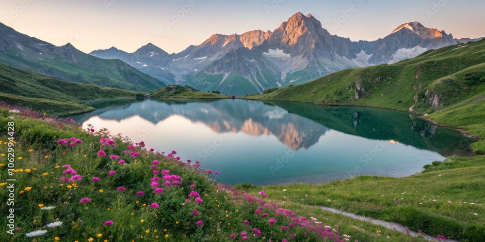 Fototapeta premium Soft pastel hues paint a tranquil scene over Lake Zell surrounded by majestic mountains at dusk