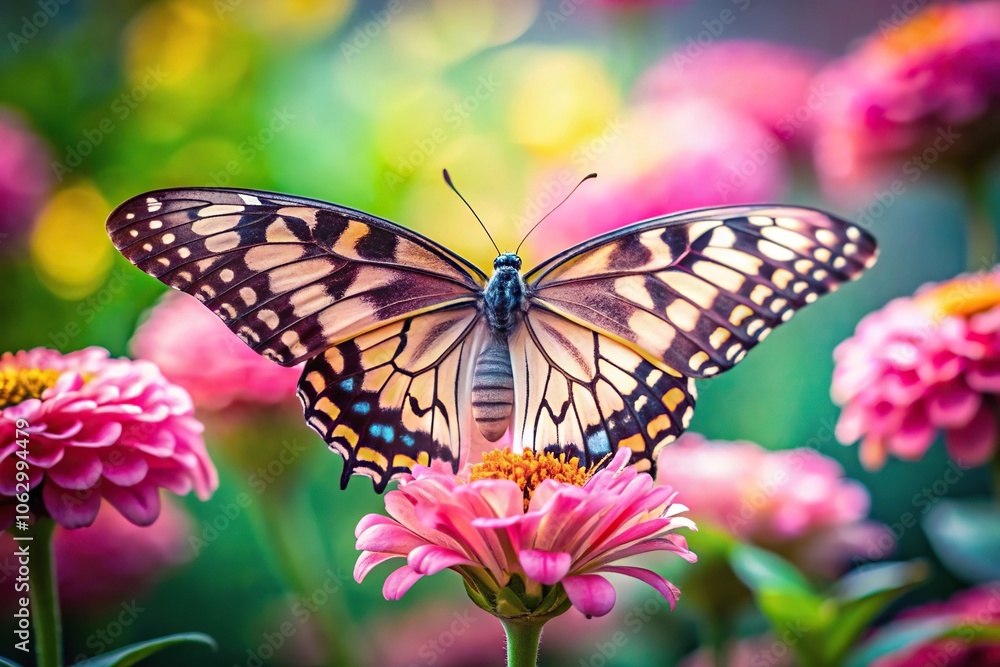 Naklejka premium A beautiful butterfly perched on a delicate pink flower with intricate details of its wings and the vibrant petals, flower, beauty, pink flower, wildlife