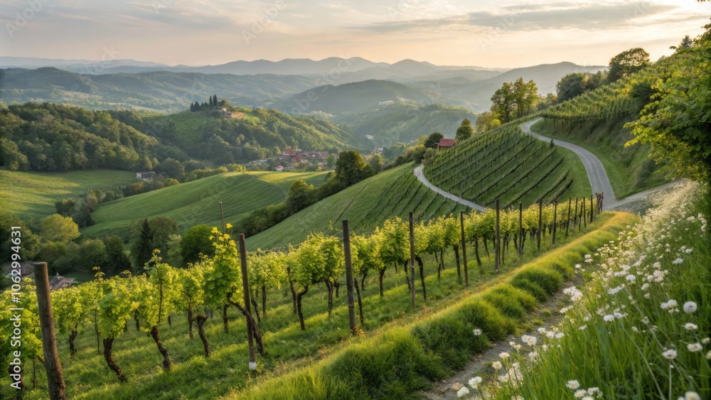 Fototapeta premium Soft Spring Sunlight Illuminating Lush Green Vines Cascading Down Undulating Surfaces in Nature