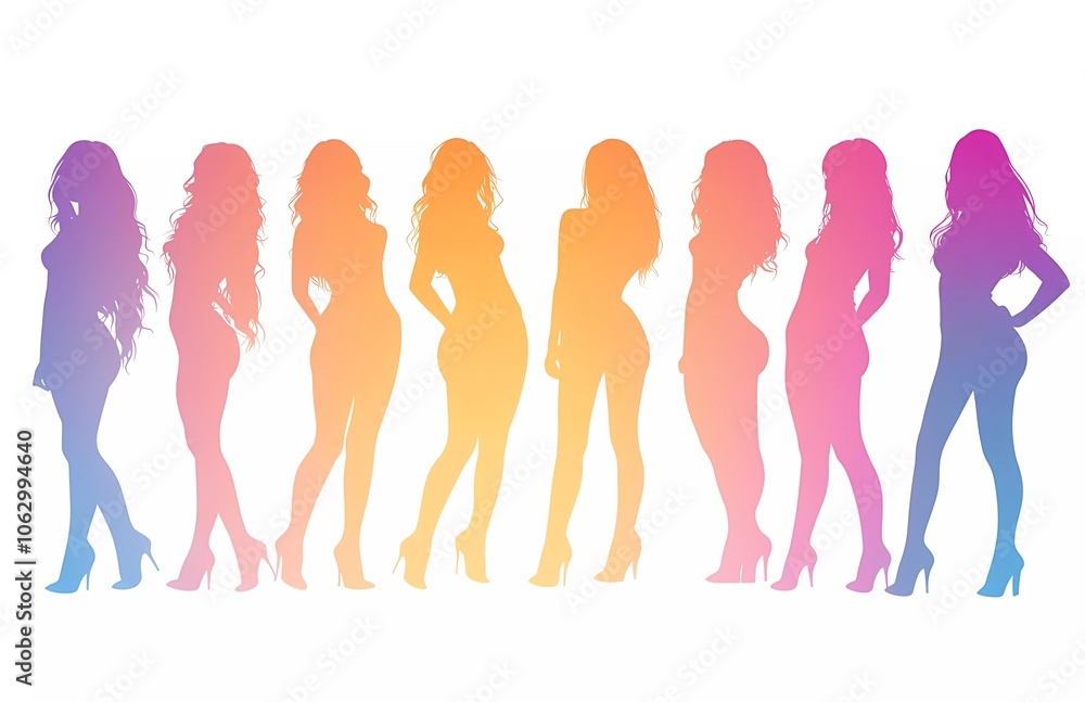 Silhouettes of women in different colors on a white background, vector illustration design. Silhouettes of beautiful young women with long hair standing together Silhouettes of women in different colors on a white background, vector illustration design. Silhouettes of beautiful young women with long hair standing together