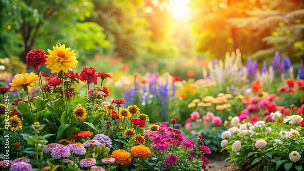 A blooming garden with a variety of colorful flowers and lush greenery, set against a soft focus background, nature, flower field, flowers arrangement, flowers A blooming garden with a variety of colorful flowers and lush greenery, set against a soft focus background, nature, flower field, flowers arrangement, flowers