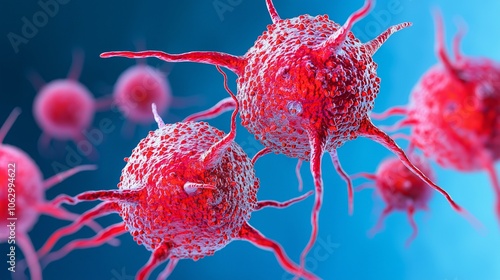 Microscopic view of cancer cells, vibrant colors, abstract background.