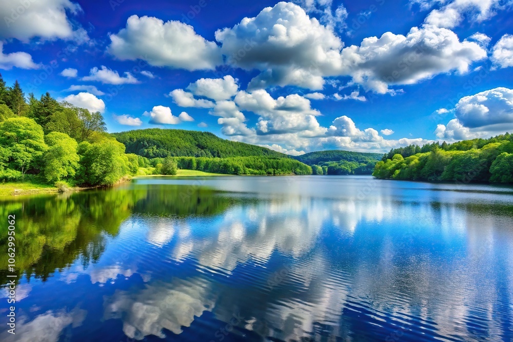 A bright blue sky with fluffy white clouds stretches out above a serene lake surrounded by lush green hills and tall trees, serene landscape, green hills, nature scenery, sunny lake A bright blue sky with fluffy white clouds stretches out above a serene lake surrounded by lush green hills and tall trees, serene landscape, green hills, nature scenery, sunny lake