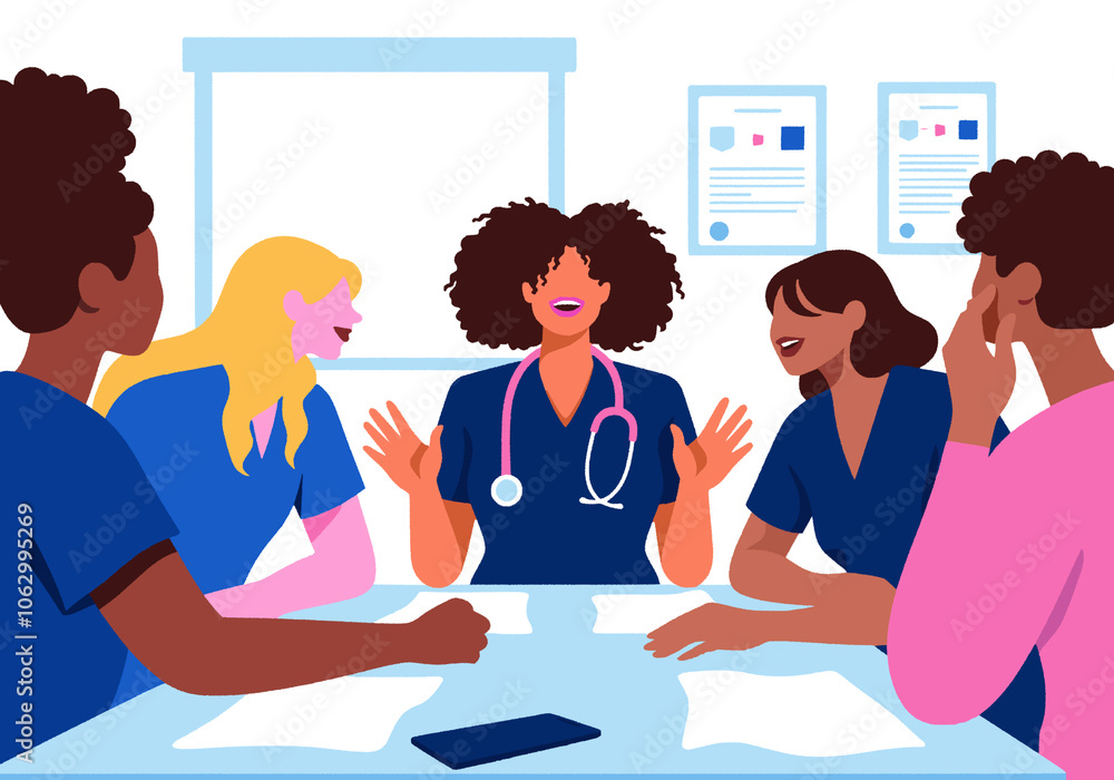 Diverse medical workers discussing at table in hospital Diverse medical workers discussing at table in hospital
