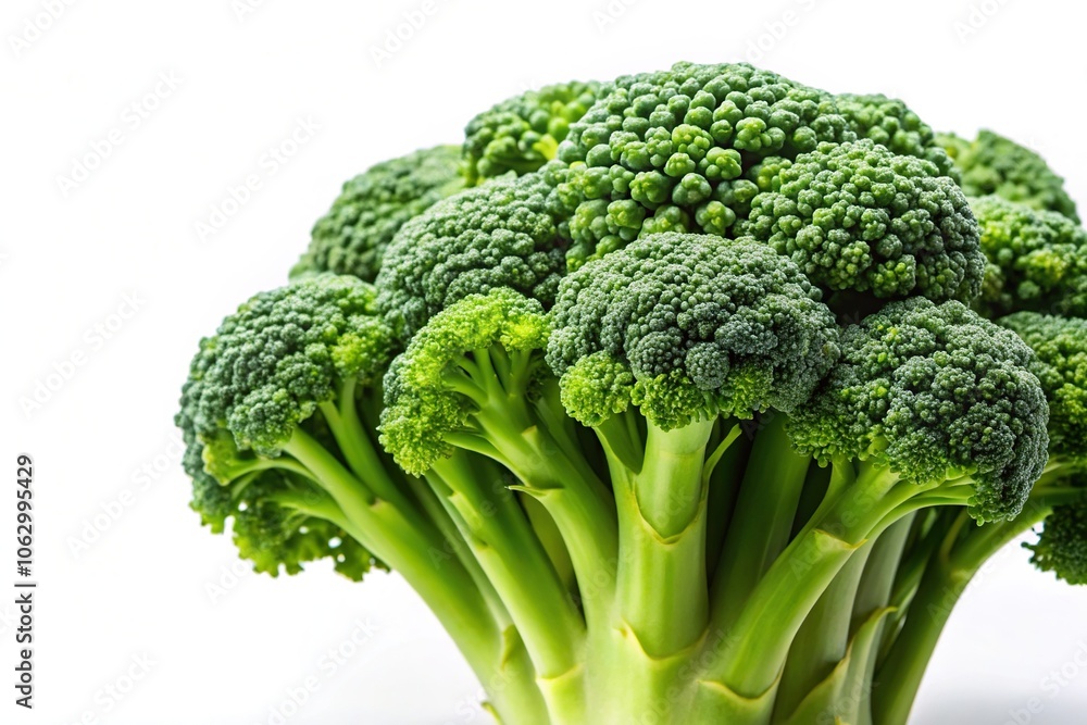 A close-up of a healthy broccoli head with florets and stalks on a white background, fresh, nature, vegetable garden A close-up of a healthy broccoli head with florets and stalks on a white background, fresh, nature, vegetable garden