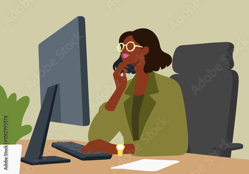 Thoughtful businesswoman with hand on chin sitting at desk and working at office photo