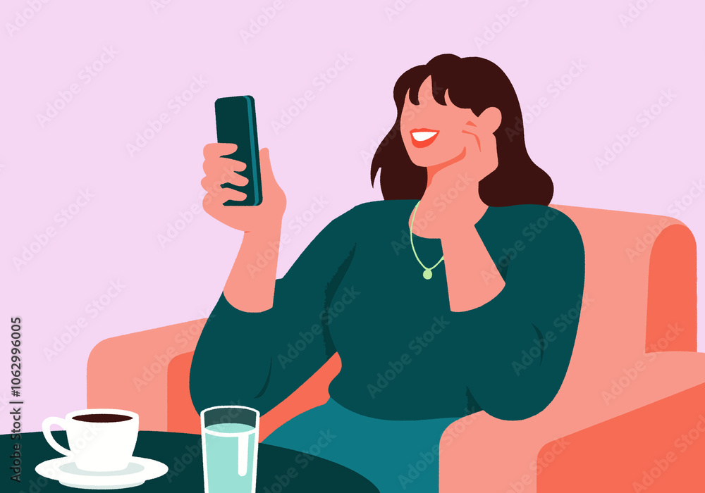 Smiling woman using smart phone sitting on armchair Smiling woman using smart phone sitting on armchair