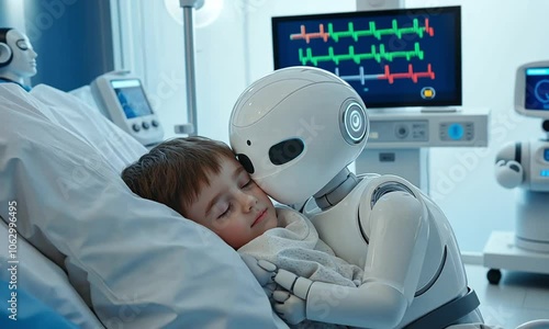 Child Sleeping Peacefully with Advanced Care Robot in Hospital Setting