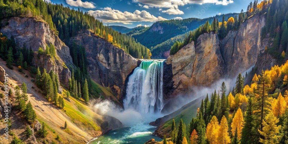 Captivating Waterfall in Yellowstone National Park During September: A Breathtaking Nature Scene Showcasing Autumn Colors and Cascading Waterfalls Amidst Serene Wilderness Captivating Waterfall in Yellowstone National Park During September: A Breathtaking Nature Scene Showcasing Autumn Colors and Cascading Waterfalls Amidst Serene Wilderness