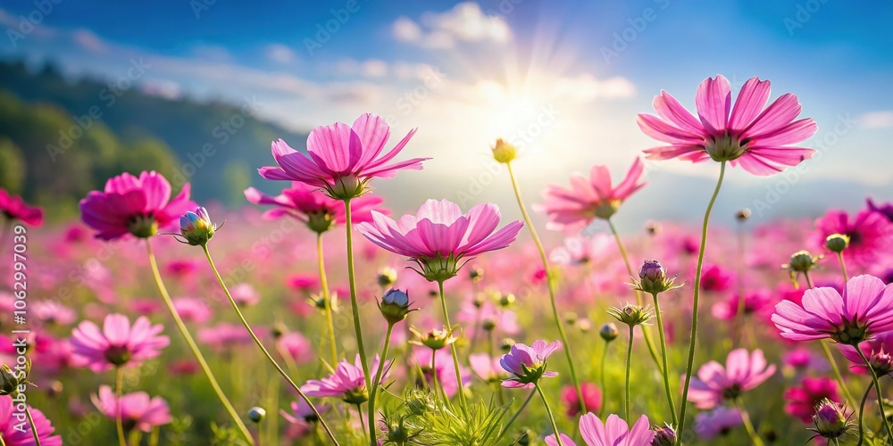 A field of vibrant pink wildflowers swaying gently in the breeze on a sunny day, outdoors, blooming, wildflowers A field of vibrant pink wildflowers swaying gently in the breeze on a sunny day, outdoors, blooming, wildflowers