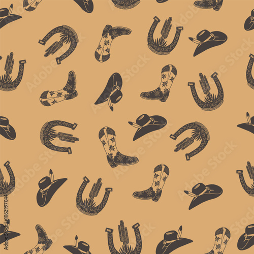 boots illustration hat graphic horseshoe design seamless vintage pattern icon western cactus