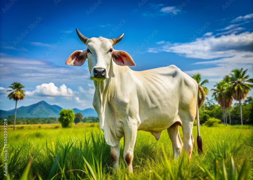 Captivating White Brahman Cow in Lush Thai Field: A Stunning Example of Livestock in Thailand's Scenic Landscape Captivating White Brahman Cow in Lush Thai Field: A Stunning Example of Livestock in Thailand's Scenic Landscape