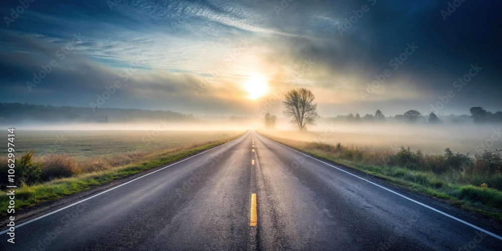 A gray mist rises from a deserted road at dawn, atmospheric, gray, foggy, eerie A gray mist rises from a deserted road at dawn, atmospheric, gray, foggy, eerie
