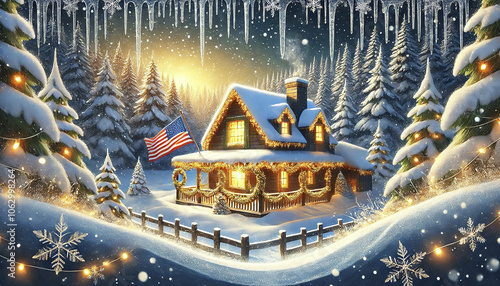 Christmas and New Year in the USA. The winter christmas village is a beautiful sight and an American flag. A snow-covered house, the snow is falling softly and the lights are shining. Vintage postcard
