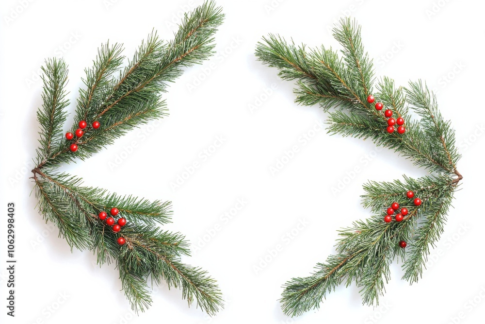 Christmas frame, a four-corner decoration with pine branches and red berries, isolated on a white background Christmas frame, a four-corner decoration with pine branches and red berries, isolated on a white background