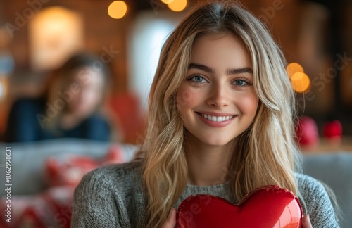 Happy woman holding heart shaped gift box at home on Valentines Day