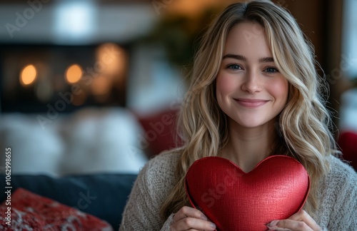 Happy woman holding heart shaped gift box at home on Valentines Day