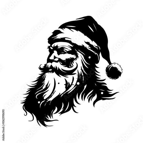 Black and white illustration of Santa Claus's face, featuring a classic hat, on a plain background. Vector illustration