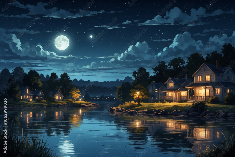 Anime style, quiet night by a suburban lake, glowing city lights casting reflections on water, gentle waves lapping at the shore, scattered clouds illuminated under a moonlit sky. Anime style, quiet night by a suburban lake, glowing city lights casting reflections on water, gentle waves lapping at the shore, scattered clouds illuminated under a moonlit sky.