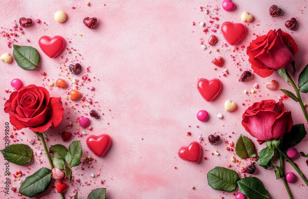 Valentines Day background with red roses and heart-shaped candies on pink Valentines Day background with red roses and heart-shaped candies on pink